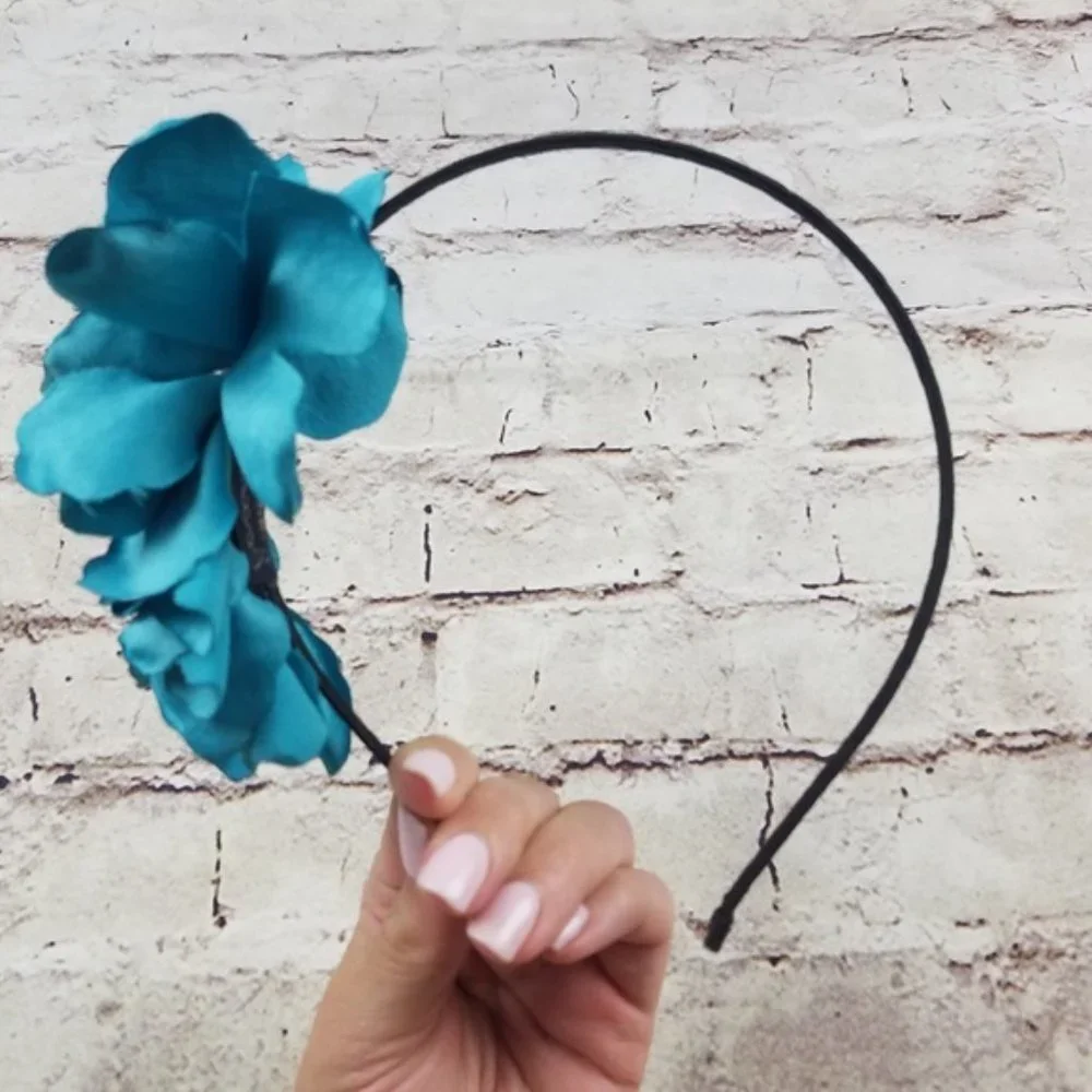 Handmade Head Band Black Skinny Headband Teal Ruffle Preppy Hair Accessories